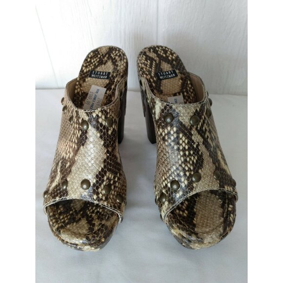 Stuart Weitzman Women Snake Print Slide Mule Heel Wood Metal Studs Spain Sz 6.5 - Picture 2 of 10